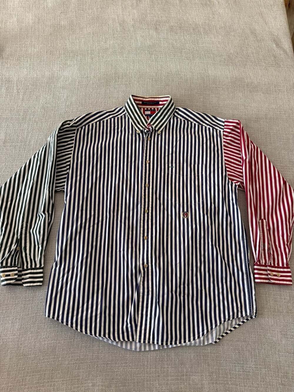 Vtg Tommy Hilfiger Striped Red/White/Blue/Green long sleeve Shirt Men's Sz L